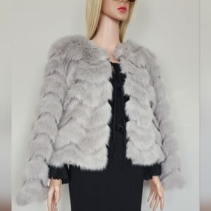 ASOS JACKET CROPPED GRAY CHEVRON FAUX FUR JACKET COAT